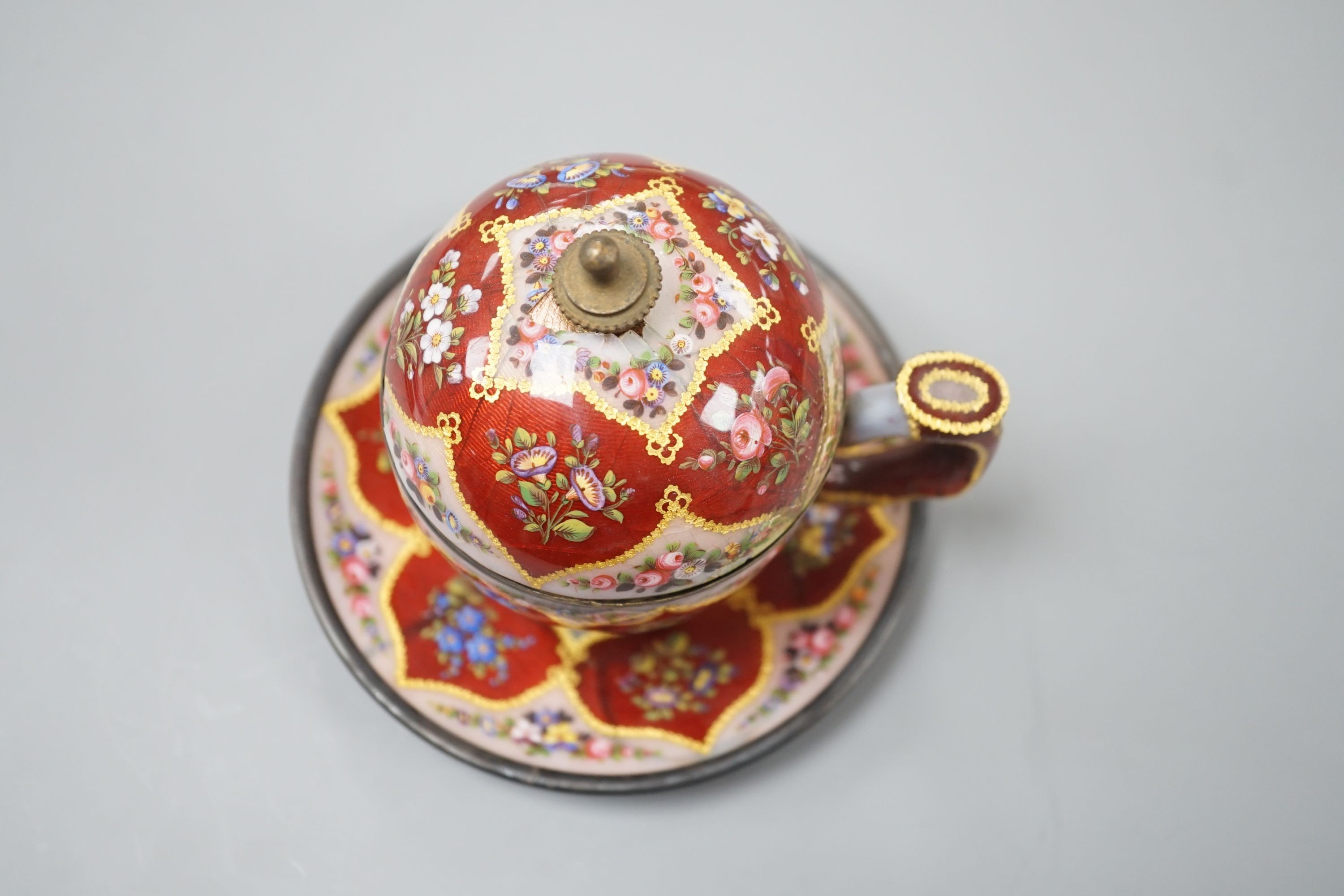 A 19th century Swiss white metal and enamel jam or sugar pot, cover and stand, made for the Ottoman market, 12.5 cms high.